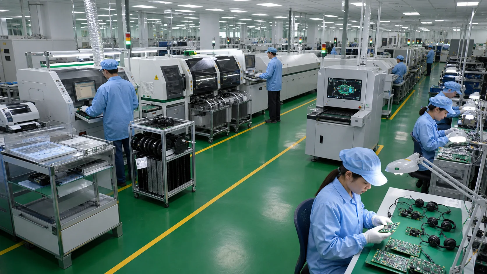 Modern SMT and PCBA assembly workshop with ESD controls and organized production flow